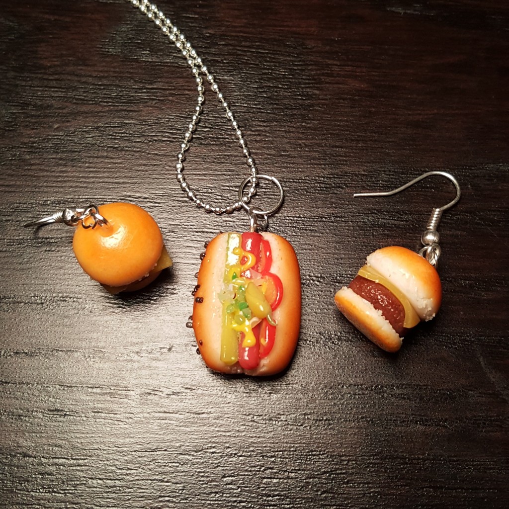 CHEESEBURGER EARRINGS WITH A CHICAGO STYLE HOT DOG NECKLACE